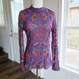 Jade Johnny Was Womens Rebecca Mesh Embroidered Mock Neck Top M Boho Whimsigoth